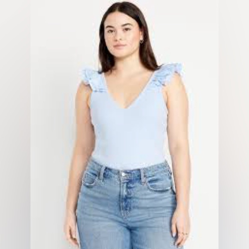 Old Navy Ribbed Ruffle Trim Blouse Light Blue V-Neck Blouse XLT sweet dainty NWT